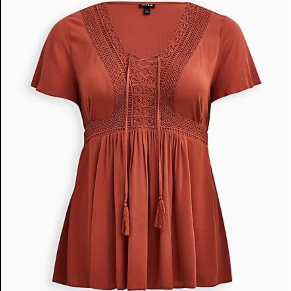 Torrid Auburn Babydoll Crinkle Gauze Crochet Inset Lace-up Top